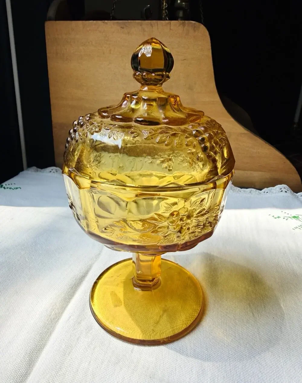 Vintage Amber Glass Pedestal Candy Dish w/ Lid Grape Pattern Compote